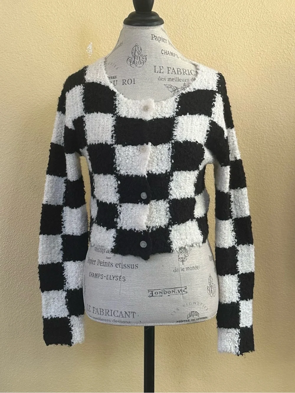 Moon River Checkerboard Fuzzy Cropped Cozy Cardigan Sweater Black/Ivory XS NWT!